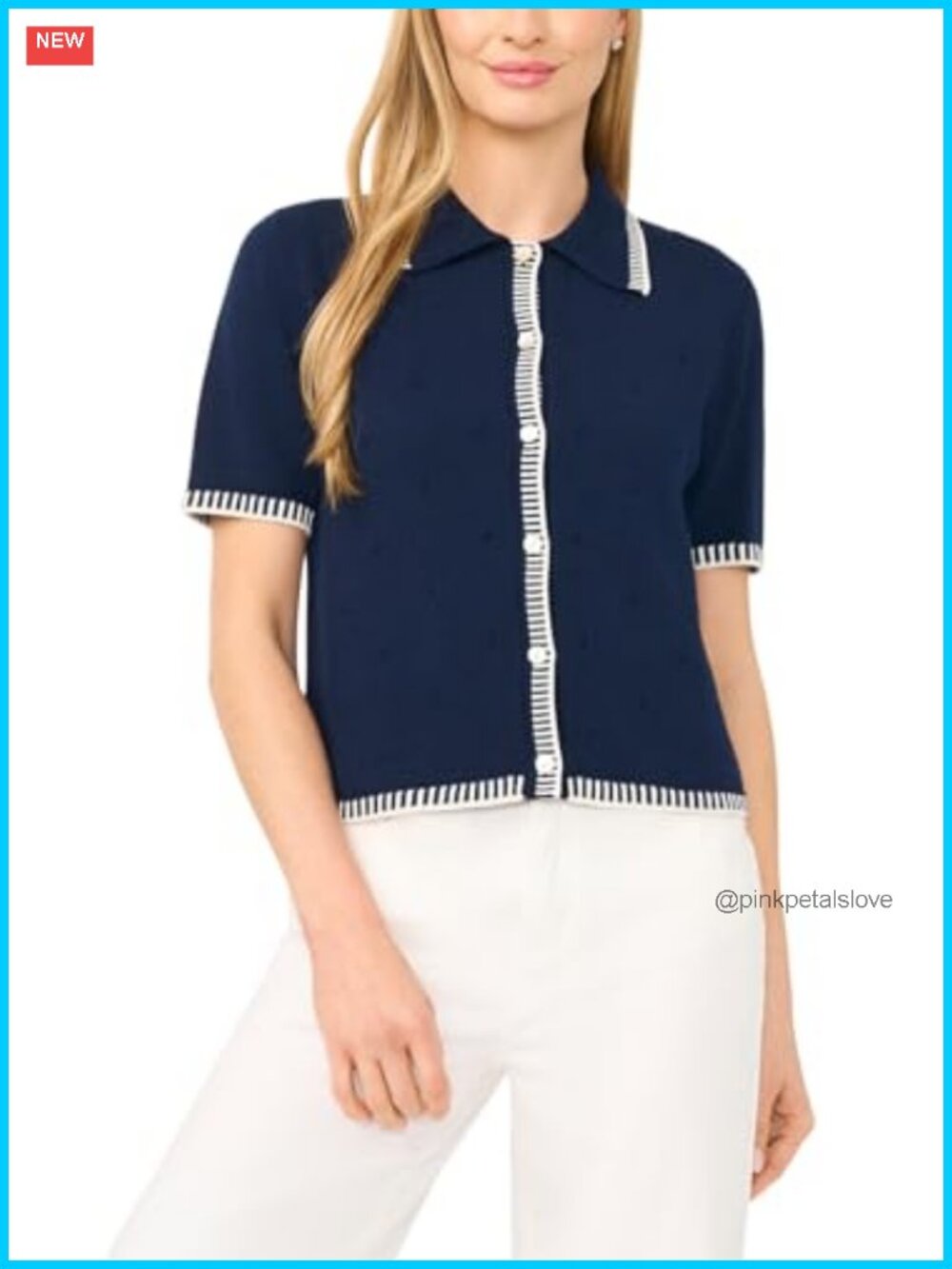 Whipstitch Pointelle Short Sleeve Collared Cardigan